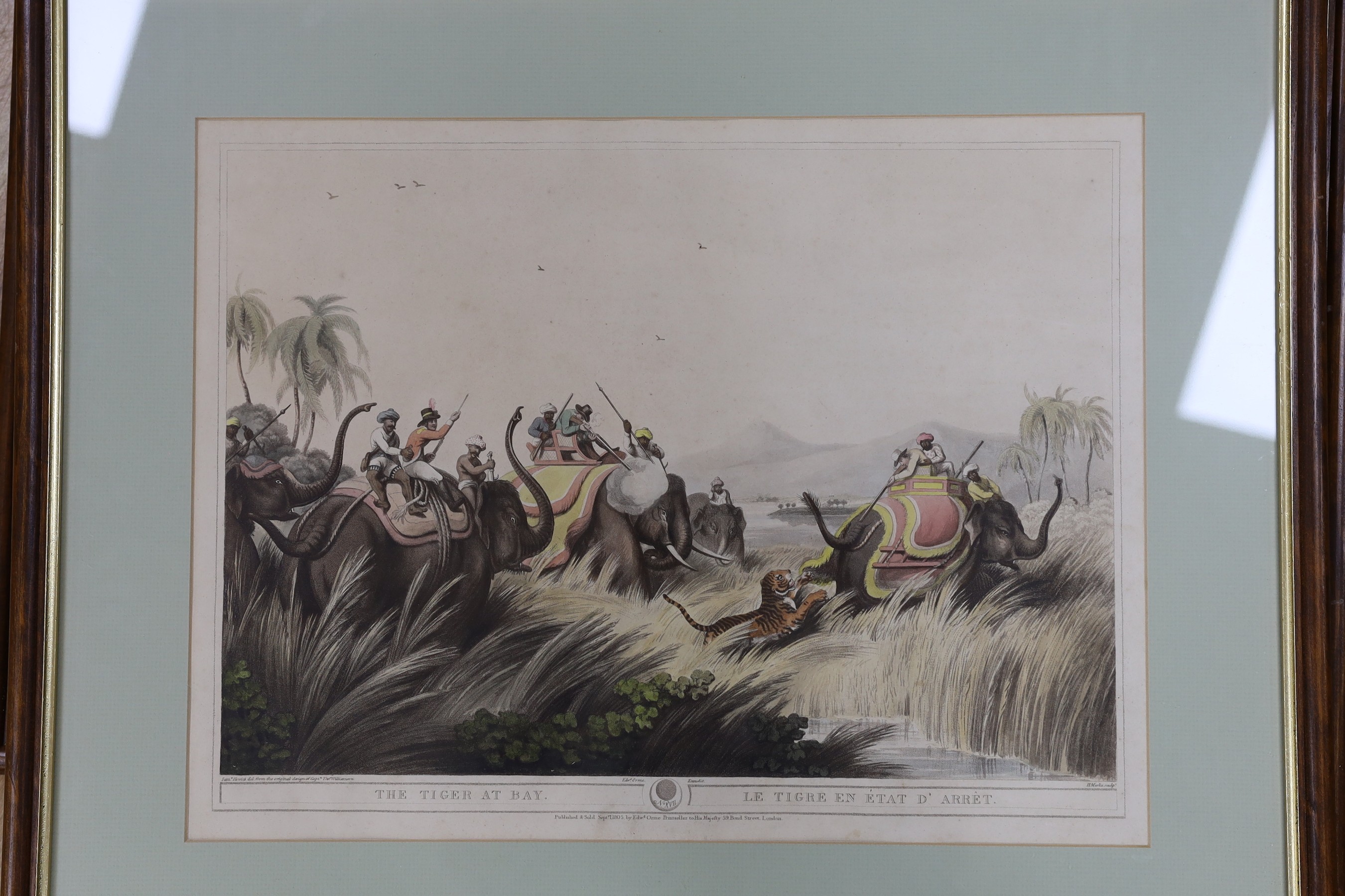 Edward Orme Publ. 1805, four colour prints from Oriental Field Sports, 'The Tiger at Bay', 'The Hog Deer at Bay', 'Hunting a Kuttauss or Civit Cat' and 'Driving elephants into a keddah', overall 36 x 47cm